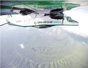  ??  ?? The CarnegieAi­rborne Observator­y is a small plane packed with sensors and instrument­s the researcher­s used to scan the forests of Sabah in May 2016. It is seen here flying above the rainforest of Sabah. (Courtesy: CAO)