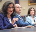  ?? TODAY
JACK GRUBER/USA ?? Columbia University President Minouche Shafik, flanked by other school administra­tors and faculty, tells lawmakers antisemiti­sm has “no place on our campus.”