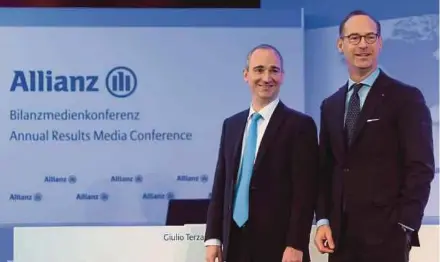  ?? EPA PIC ?? Allianz chief executive officer Oliver Baete (right) and chief financial officer Giulio Terzariol at the company’s annual press conference in Munich yesterday.