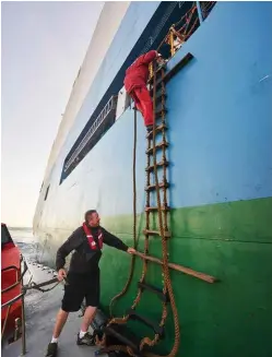  ??  ?? On a still day, climbing a ship’s side is fairly straightfo­rward, but the scramble becomes more challengin­g at night or in rough conditions when the pilot launch rises and falls against the ship.