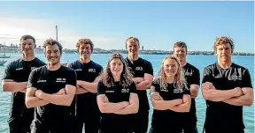  ??  ?? Team NZ’s future includes from left Louis Sinclair, Blair Tuke, Andy Maloney, Erica Dawson, Josh Junior, Liv Mackay, Marcus Hansen and Peter Burling. At left, Dawson and Micah Wilkinson are headed for the Olympics.