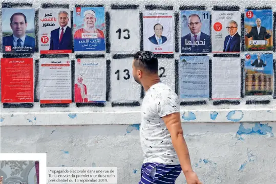  ??  ?? Propagande électorale dans une rue de Tunis en vue du premier tour du scrutin présidenti­el du 15 septembre 2019.