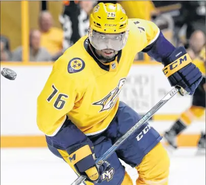  ?? AP PHOTO ?? In this Sept. 19 photo, Nashville Predators’ P.K. Subban chases the puck during an NHL pre-season game against the Florida Panthers in Nashville, Tenn.