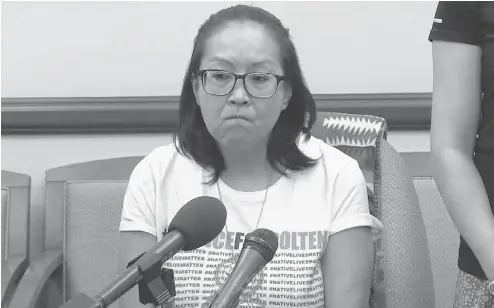  ?? THE CANADIAN PRESS ?? Debbie Baptiste, whose son, Colten Boushie, was shot to death on a farm in Saskatchew­an, speaks Monday at a press conference in Ottawa.