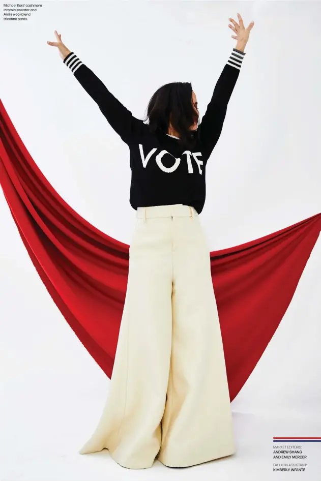  ?? MARKET EDITORS:
ANDREW SHANG AND EMILY MERCER
FASHION ASSISTANT:
KIMBERLY INFANTE ?? Michael Kors’ cashmere intarsia sweater and Ami’s wool-blend tricotine pants.