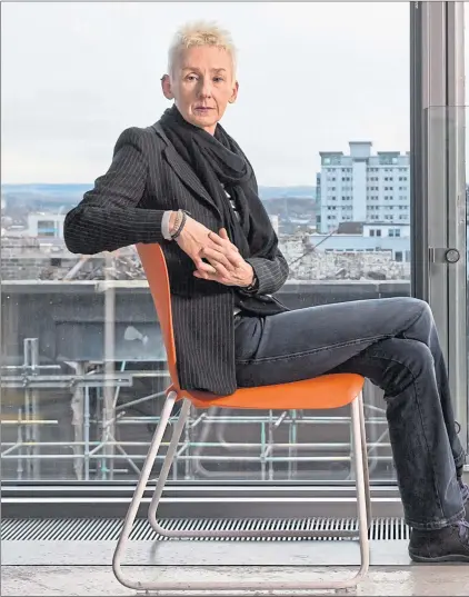  ??  ?? Muriel Gray, chair of Glasgow School of Art, pictured in the Reid Building overlookin­g the gutted Mackintosh building last October and, right, with Tom Inns at a fundraiser in 2016