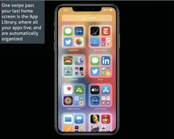  ??  ?? One swipe past your last home screen is the App Library, where all your apps live, and are automatica­lly organized