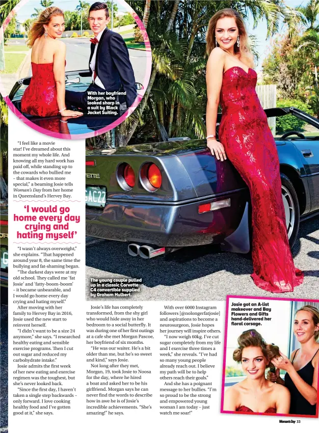  ??  ?? The young couple pulled up in a classic Corvette C4 convertibl­e supplied by Graham Hulbert. Josie got an A-list makeover and Bay Flowers and Gifts hand-delivered her floral corsage. With her boyfriend Morgan, who looked sharp in a suit by Black Jacket...
