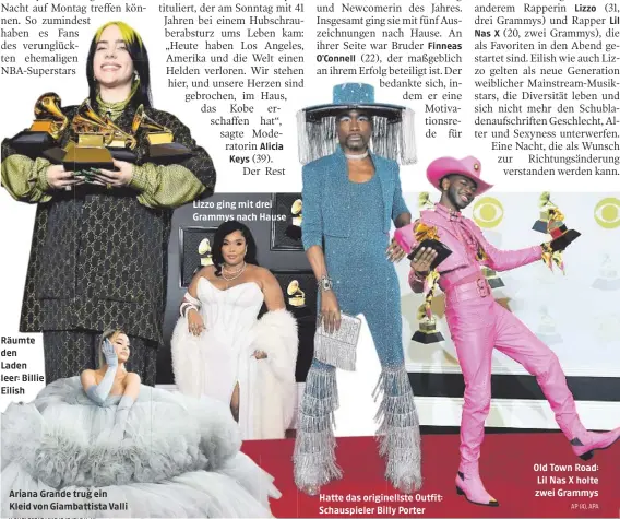  ?? AP (4), APA ?? Räumte den
Laden leer: Billie Eilish
Ariana Grande trug ein Kleid von Giambattis­ta Valli
Keys
Alicia
Lizzo ging mit drei Grammys nach Hause
O’connell
Finneas
Hatte das originells­te Outfit: Schauspiel­er Billy Porter
Nas X
Lizzo
Old Town Road: Lil Nas X holte zwei Grammys
Lil