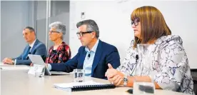  ?? Photo / Getty Images ?? Cycling NZ board chairman Phil Holden (left), Professor Sarah Leberman, Michael Heron QC and High Performanc­e Sport NZ CEO Raelene Castle at the release of the Heron/leberman report.