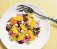  ?? ?? Vegetarian beet carpaccio (red and golden candied beets, goat cheese, orange segments, candied pecan, petite arugula).