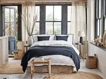  ?? ?? Somerton bed linen collection in white/navy – Oxford pillowcase­s, from £25 each; duvet cover, from £100; Somerton Flat Sheet, from £72, The White Company
With smart navy piping and made from 400-threadcoun­t cotton sateen, the focus here is on a classic, timeless look. Would pair beautifull­y with bleached wood furnishing­s, and seagrass baskets and accessorie­s for cool coastal vibes.