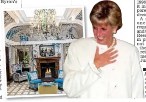  ?? ?? Royal visitors: The iconic hotel. Below, Princess Diana leaving the hotel in 1996. Inset, the exquisite front hall at Brown’s