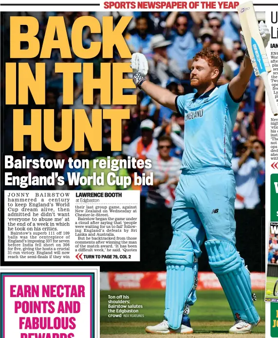  ?? REX FEATURES ?? Ton off his shoulders: Bairstow salutes the Edgbaston crowd