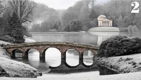  ??  ?? WINTER WONDERS: The Palladian bridge and Temple of Apollo at Stourhead, top. Above left: Dogwoods provide colour at Sir Harold Hillier Gardens. Above right: The Millennium Garden at Pensthorpe