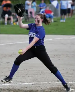  ?? Photo by Jerry Silberman / risportsph­oto.com ?? Cumberland senior pitcher Jocelyn Bodington has now gone 13.2 straight innings without allowing a run after holding visiting Smithfield scoreless for 6.2 innings in the Clippers’ 6-0 victory over the Sentinels at Tucker Field.