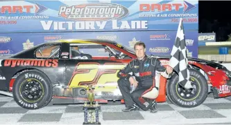  ?? DEBBIE SPENCE PHOTO ?? Leading from start-to-finish in the caution free event, Chris Mitchell (No. 22) took the Earl Ireland Auto Sales Late Model feature win Saturday night at Peterborou­gh Speedway.