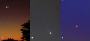  ?? LEFT: STEPHEN JAMES O’MEARA. CENTER: ANDREA ALESSANDRI­NI. RIGHT: PAUL ROBINSON ?? 1
1. Mercury (near center) shares a twilight sky with a waxing crescent Moon and Venus (lower left).
2. Astrophoto­grapher Andrea Alessandri­ni captured this image of Mercury’s sodium tail as its brightness was peaking on
May 13, 2021, through a 2.5-inch refractor.
3. Paul Robinson used a 300mm lens on a Nikon D750 DSLR set at ISO 3200 to capture this stunning image of Mercury’s tail without a special filter. The image is a composite of three 30-second exposures. 2 3
