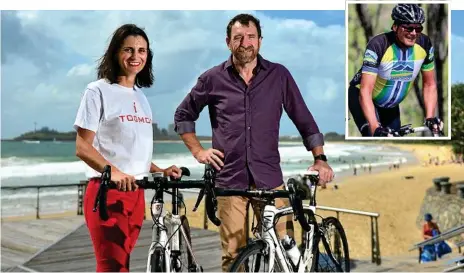  ?? Photo: John McCutcheon ?? HITTING THE ROAD: Toowoomba to Mooloolaba charity bike ride event director Rachael Witton and race founder Dave Fellows at Mooloolaba Beach. INSET: Sunshine Coast cyclist Ken Altoft taking part in the 2014 TOOMOO ride. Ken was hit and killed while...