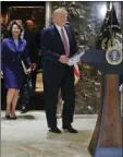  ?? AP PHOTO/ PABLO MARTINEZ MONSIVAIS ?? President Donald Trump walks out of the elevator to speak in the lobby of Trump Tower on Tuesday in New York.