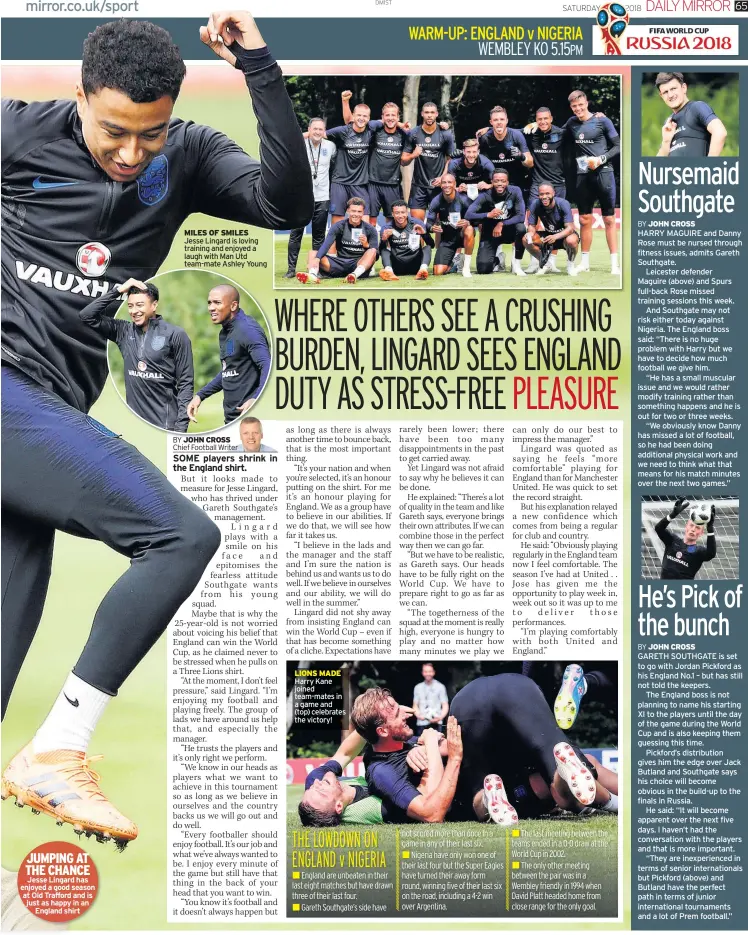  ??  ?? JUMPING AT THE CHANCE Jesse Lingard has enjoyed a good season at Old Trafford and is just as happy in an England shirt MILES OF SMILES Jesse Lingard is loving training and enjoyed a laugh with Man Utd team-mate Ashley Young