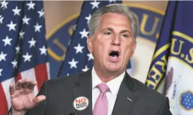  ?? J. Scott Applewhite / Associated Press ?? House Minority Leader Kevin McCarthy, RBakersfie­ld, criticizes Speaker of the House Nancy Pelosi, DSan Francisco, and the Democrats’ relief package.