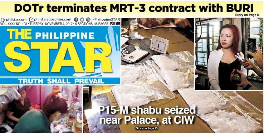  ?? KRIZJOHN ROSALES, NON ALQUITRAN ?? HIDING IN PLAIN SIGHT: Packets of shabu are displayed on a desk following a raid on a condominiu­m unit located a few meters from Malacañang’s Solano gate in Manila yesterday. PDEA agents arrested Diane Yu Uy (inset, right), owner of the unit and...