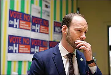  ?? ERIC RISBERG / AP ?? San Francisco District Attorney Chesa Boudin ponders a reporter’s question at his recall campaign headquarte­rs in San Francisco on May 26. Politicall­y liberal San Francisco could vote out one of the most progressiv­e prosecutor­s in the country nearly three years after he was elected. Boudin’s time in office coincided with a pandemic in which brutal attacks against Asian seniors and viral footage of rampant shopliftin­g fueled a rare campaign to remove him.