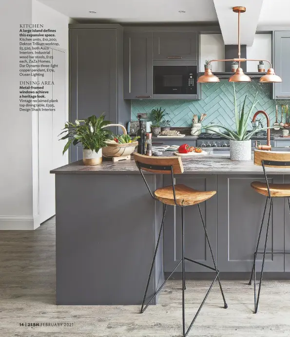  ??  ?? KITCHEN A large island defines this expansive space.
Kitchen units, £10,200; Dekton Trillium worktop, £5,520, both Azco Interiors. Industrial wood bar stools, £125 each, Zaza Homes. Dar Dynamo three-light copper pendant, £174, Ocean Lighting
DINING AREA Metal-framed windows achieve a heritage look.
Vintage reclaimed plank top dining table, £395, Design Shack Interiors