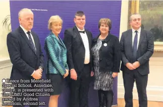  ?? Reece from Merefield Special School, Ainsdale, centre, is presented with the LJMU Good Citizen award by Andrea Leadsom, second left ??