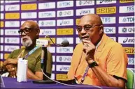  ?? Hannah Peters / Getty Images for World Athletics ?? John Carlos and Tommie Smith speak at a press conference at the World Athletics Championsh­ips in Eugene, Oregon.