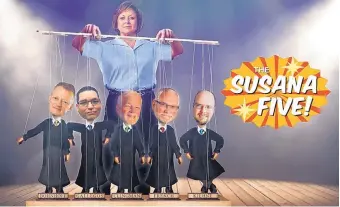  ??  ?? A screenshot from the television ad “The Susana Five,” which alleges that the five pictured judges are puppets of Gov. Susana Martinez, who appointed them.