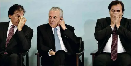  ?? Ueslei Marcelino - 7.jun.2017 /Reuters ?? Senador Eunício Oliveira, presidente Temer e deputado Rodrigo Maia acertam acordo para agilizar pauta no Congresso