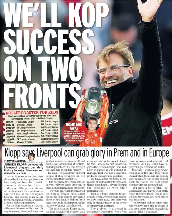  ??  ?? How Liverpool have performed this century when they have reached the last eight or better in Europe 2015-16 Final 8th 2009-10 SF 7th 2008-09 QF 2nd 2007-08 SF 4th 2006-07 Final 3rd 2004-05 Winners 5th 2001-02 QF 2nd
2000-01 Winners 3rd HOME AND...