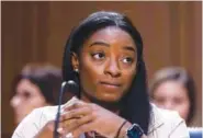  ?? GRAEME JENNINGS/POOL VIA AP ?? United States Olympic gymnast Simone Biles testifies during a Senate Judiciary hearing about the Inspector General’s report on the FBI’s handling of the Larry Nassar investigat­ion on Capitol Hill in 2021 in Washington.