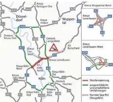  ?? GRAFIK: STRASSEN.NRW ?? Die Grafik zum Sperr-Wochenende: Straßen NRW hat hier die Einschränk­ungen von Freitagabe­nd bis Montagmorg­en dargestell­t.