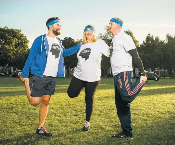  ??  ?? Jonny Benjamin (left) and Neil Laybourn with Telegraph columnist Bryony Gordon, who are all running for Heads Together