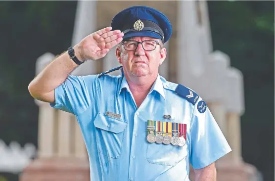  ?? Picture: ZAK SIMMONDS ?? LIFE CHANGER: Corporal Jim Dwyer before attending his final Anzac Day Dawn Service as a member of the Royal Australian Air Force this year.
