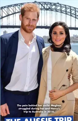  ?? ?? The pain behind her smile: Meghan struggled during her and Harry’s trip to Australia in 2018.