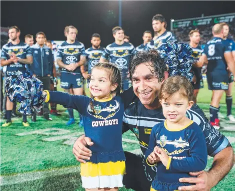  ??  ?? TRUE GREAT: Johnathan Thurston with his children Frankie ( left) and Charlie ( right) after his last home game at 1300SMILES Stadium.