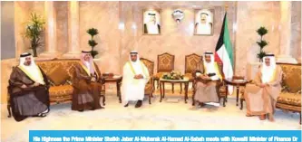  ??  ?? His Highness the Prime Minister Sheikh Jaber Al-Mubarak Al-Hamad Al-Sabah meets with Kuwaiti Minister of Finance Dr Nayef Al-Hajraf, accompanie­d by GCC ministers of finance.