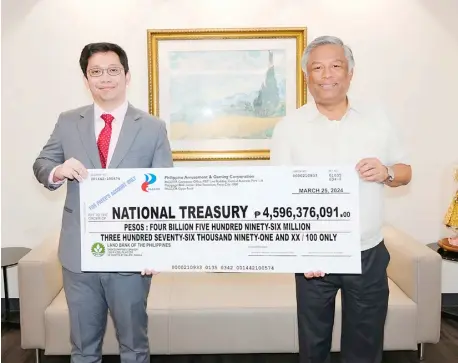  ?? PHOTOGRAPH COURTESY OF PAGCOR ?? PAGCOR chairman and CEO Alejandro H. Tengco (right) hands over a facsimile check to Deputy National Treasurer Eduardo Anthony Mariño III during yesterday’s simple dividend turnover ceremony at the new PAGCOR Corporate Office in Pasay City. The check amounting to nearly P4.6 billion is the agency’s latest cash dividend to the government and represents 75 percent of PAGCOR’s net earnings in calendar year 2023. The turnover is also in accordance with Republic Act 7656 or the Dividend Law mandating government-owned and controlled corporatio­ns to remit part of their earnings to the Treasury.