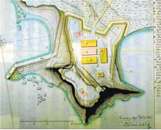  ?? ARCHIVO GENERAL DE SIMANCAS ?? Plano del Fuerte de El Tolmo y muelle desde el que partían los barcos para el abasto de Ceuta en el siglo XVIII.
