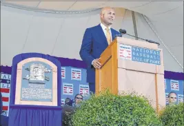  ?? Hans Pennink The Associated Press ?? Former New York Yankees’ closer and Baseball Hall of Fame inductee Mariano Rivera speaks during the induction ceremony Sunday in Cooperstow­n, N.Y.