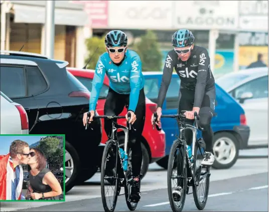  ??  ?? MOMENTO DIFÍCIL. Froome se entrena en Mallorca con su compañero Geraint Thomas. En el recuadro, Wiggins y su mujer, Catherine, se besan.