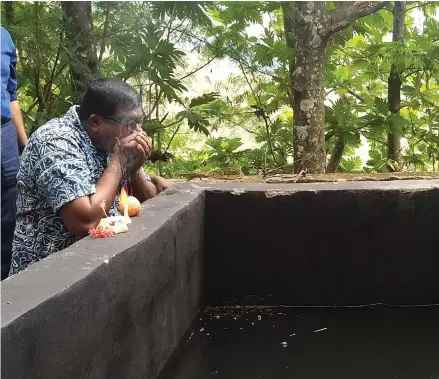  ??  ?? Minister for Waterways, Environmen­t and Agricultur­e Mahendra Reddy during a prayer session at the commission­ing of the Multipurpo­se Irrigation Project for Vuqele Settlement on August 6, 2020.