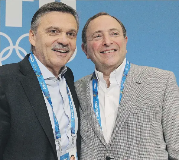  ?? — POSTMEDIA NEWS FILES ?? IIHF president Rene Fasel and NHL commission­er Gary Bettman were all smiles when they crossed paths at the Sochi Winter Olympics in 2014. Whether they’ll be together again in 2018 in Pyeongchan­g, South Korea, still remains to be seen.