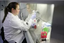  ?? STEVEN SENNE — THE ASSOCIATED PRESS ?? In this Wednesday photo scientist and study director Jennifer Molignano uses an electronic pipette to prepare culture medium, a dark pink fluid that provides nutrition to living human skin tissue, as she sets up a demonstrat­ion of experiment­s at a MatTek Corporatio­n lab, in Ashland, Mass.