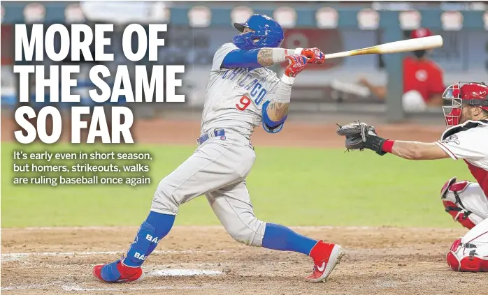  ?? GETTY IMAGES ?? The Cubs’ Javy Baez hits a home run against the Reds late last month at Great American Ballpark in Cincinnati. Through Sunday, the Cubs ranked seventh in the majors with an average of five runs per game.