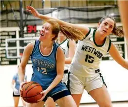  ?? KEN MCGAGH FOR THE GLOBE ?? Medfield sophomore Tess Baacke (left) opened the season with 11 points in a 66-36 victory at Westwood.